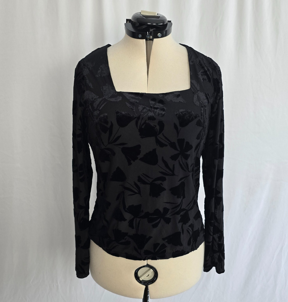Calvin Klein Blouse Women's M Black Velvet Floral Print Square Neckline NWT